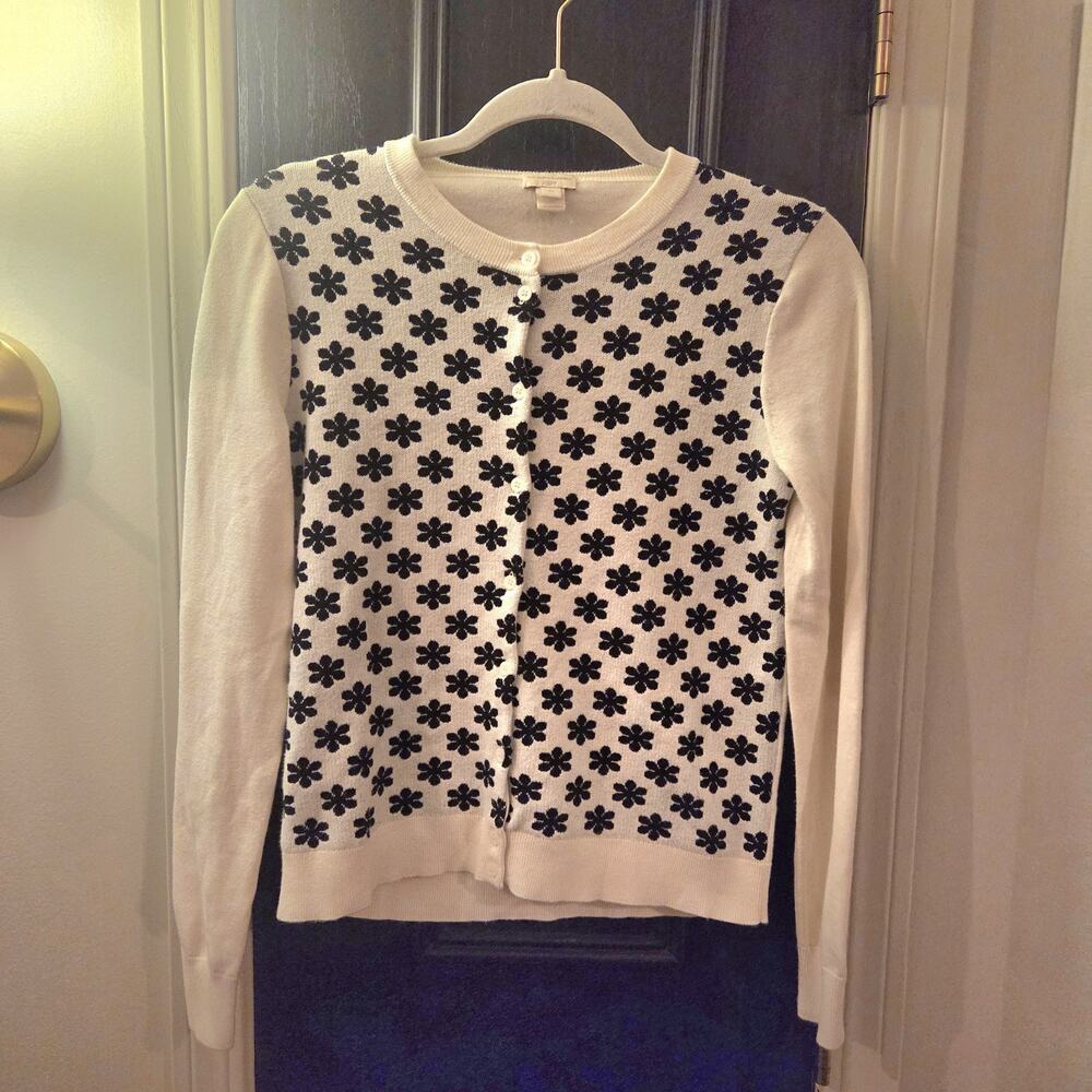 J Crew The Caryn Cardigan Daisy Cream Black Sweater Button Up Long Sleeve XS